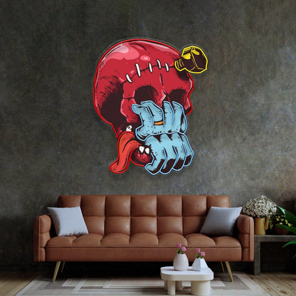 Skull With Blue Hand From Mouth Uv Printed Led Neon Sign For Gothic Bar Decor | Shineneon