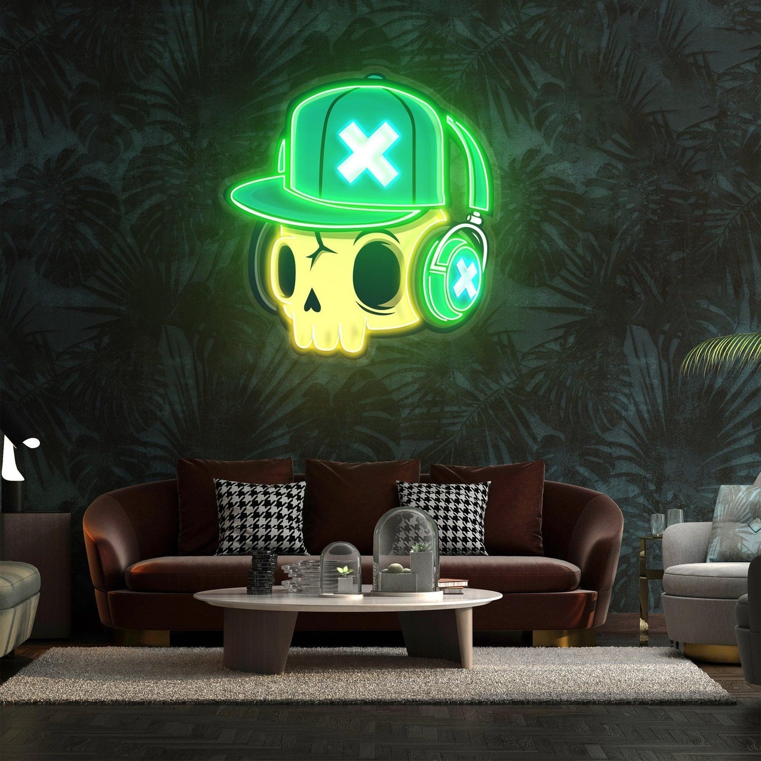 Skull With Headphones Green-Yellow Uv Printed Led Neon Sign For Studio Office Decor | Shineneon