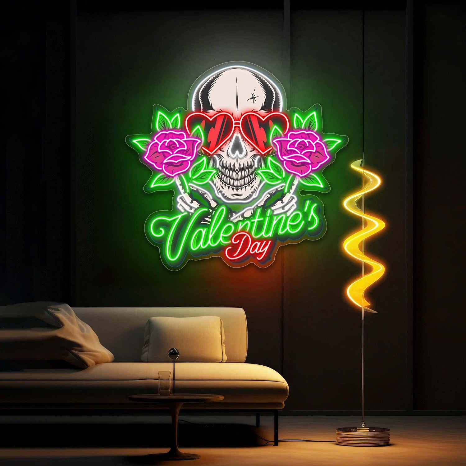 Skull With Heart Glasses Rose Red-Green-Pink Valentine Uv Printed Led Neon Sign Artwork | Shineneon