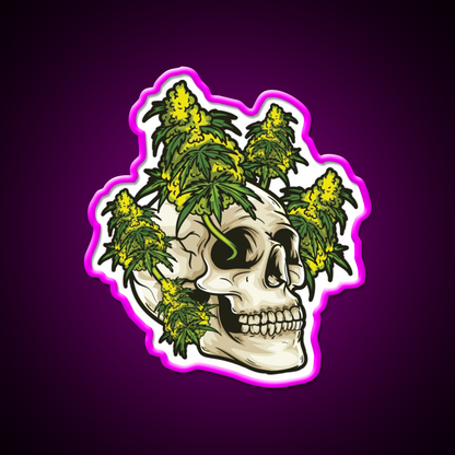 Skull With Weed Growing Out Of It Hemp Inspired Green Leaf Led Neon Sign Rgb Color - Neon sign mounted on wall in room