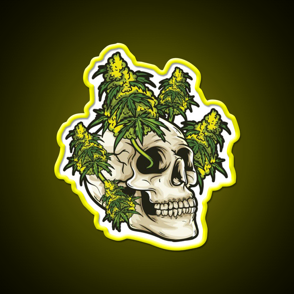 Skull With Weed Growing Out Of It Hemp Inspired Green Leaf Led Neon Sign Rgb Color - Custom LED neon sign front view