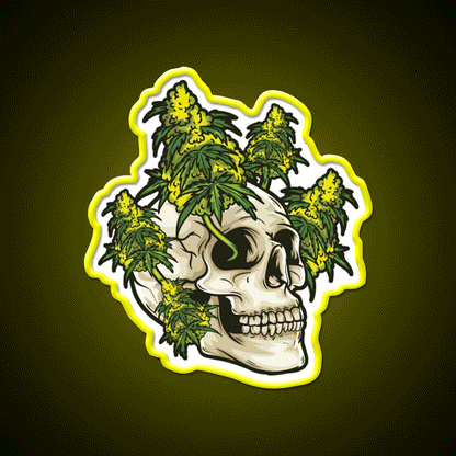 Skull With Weed Growing Out Of It Hemp Inspired Green Leaf Led Neon Sign Rgb Color - Custom LED neon sign front view