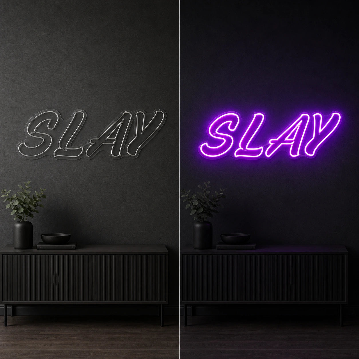 Slay LED Neon Sign Garage Man Cave Neon Sign day and night comparison