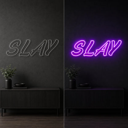 Slay LED Neon Sign Garage Man Cave Neon Sign day and night comparison