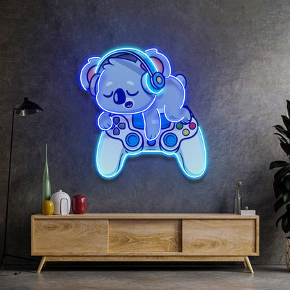 Sleeping-Gaming-Koala-With-Headphones Uv Printed Led Neon Sign For Game Room Decor | Shineneon