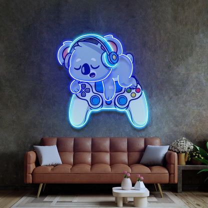 Sleeping-Gaming-Koala-With-Headphones Uv Printed Led Neon Sign For Game Room Decor | Shineneon