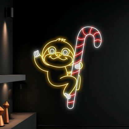 Sloth Climbing Candy Cane Sloth Christmas Led Sign | Shineneon