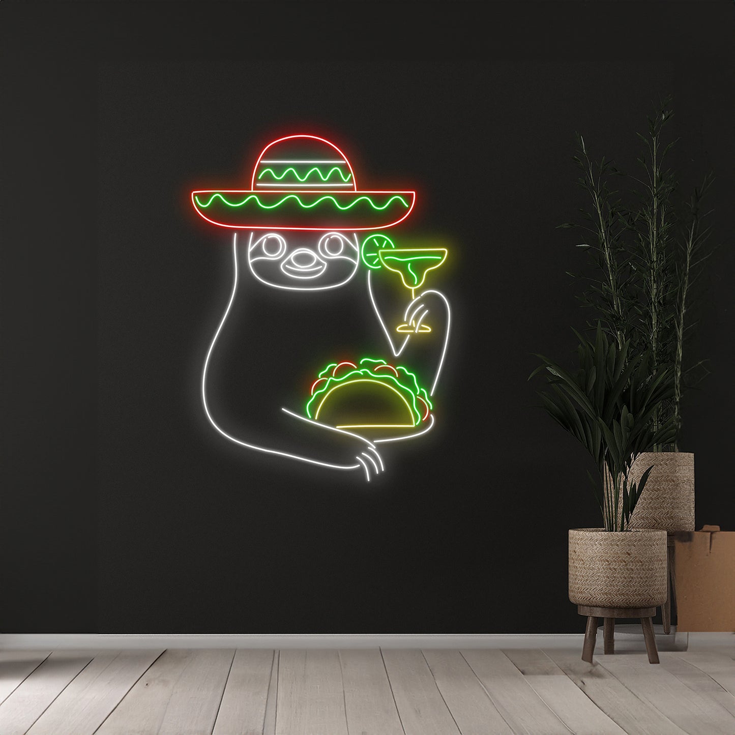 Sloth Eating Tacos Drinking Margarita Neon Sign