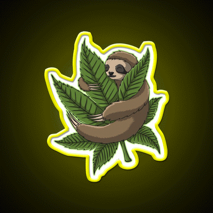Sloth Huging Hemp Inspired Green Leaf Led Neon Sign Rgb Color - Custom LED neon sign front view