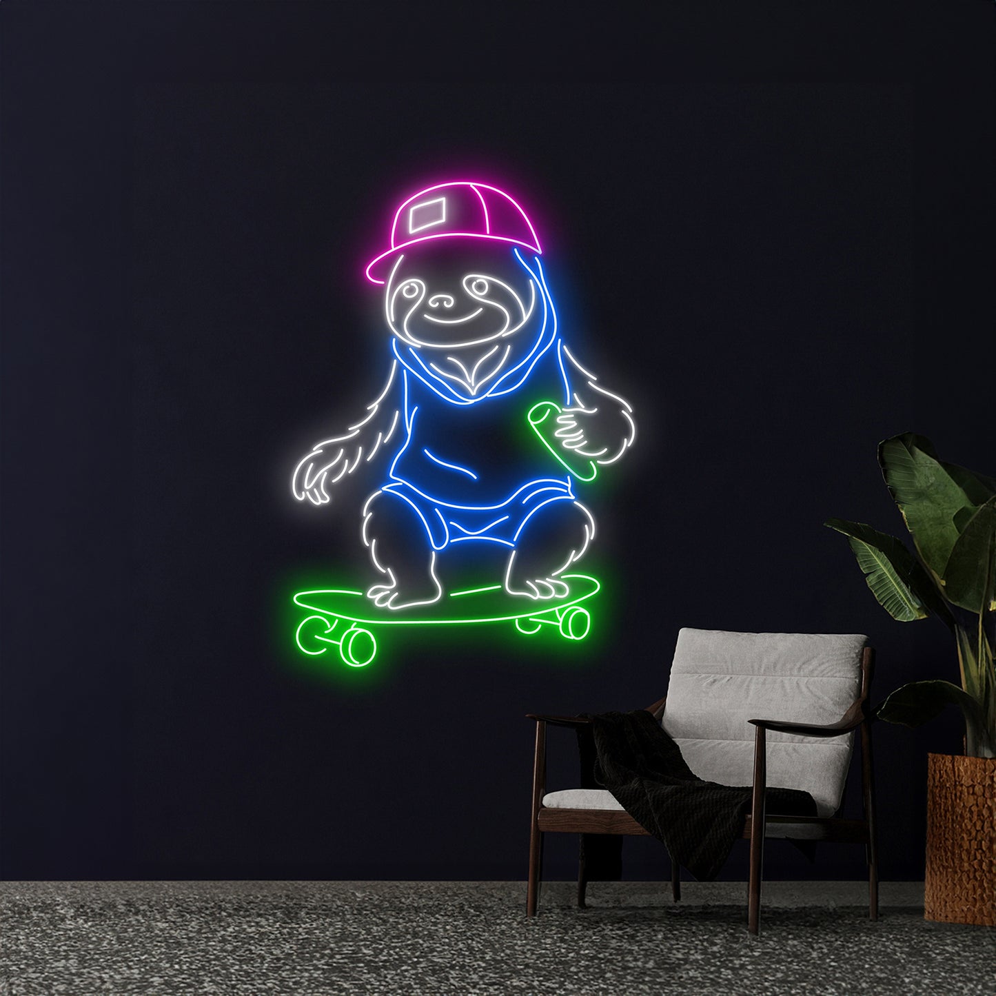 Sloth Skateboarding Neon Sign