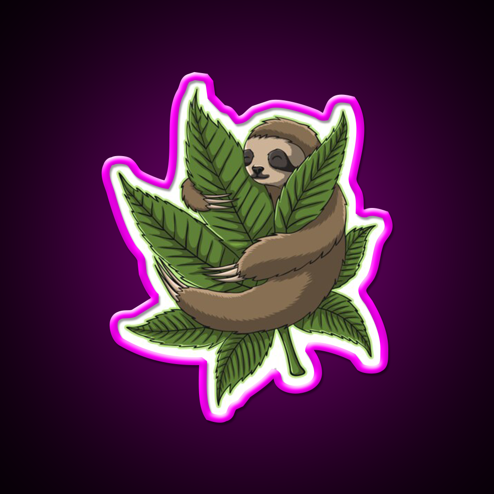 Sloth Weed Leaf Stoner Weed Lover Hemp Inspired Green Leaf Led Neon Sign Rgb Color - Neon sign mounted on wall in room