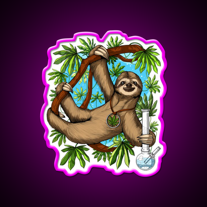 Sloth Weed Stoner Hemp Inspired Green Leaf Led Neon Sign Rgb Color - Neon sign mounted on wall in room