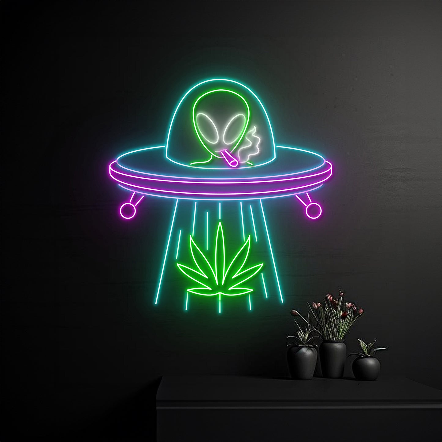 Smoking Alien Ufo Abduction Weed Leaf Led Sign