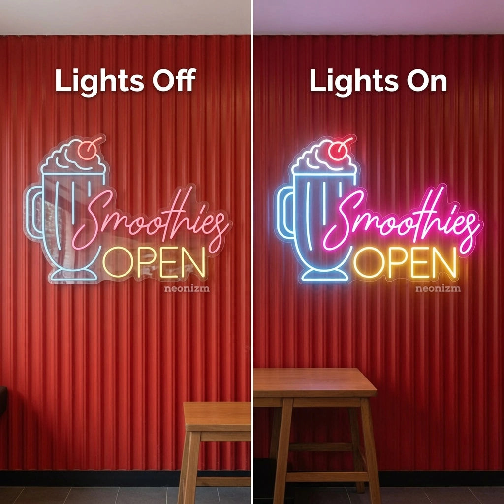 Smoothies Open Wall Decor LED Neon Sign - 06 Day Night Comparison