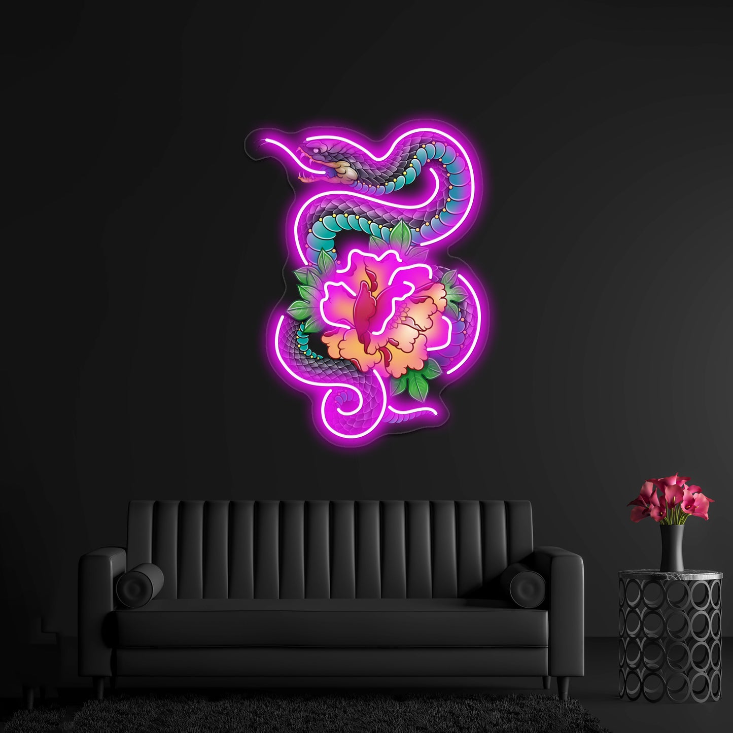 Snake And Peony Wall Artwork Neon Signs