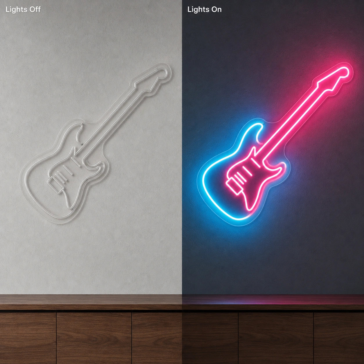 Solid Body Electric Guitar LED Neon Sign Garage Man Cave Neon Sign day and night comparison