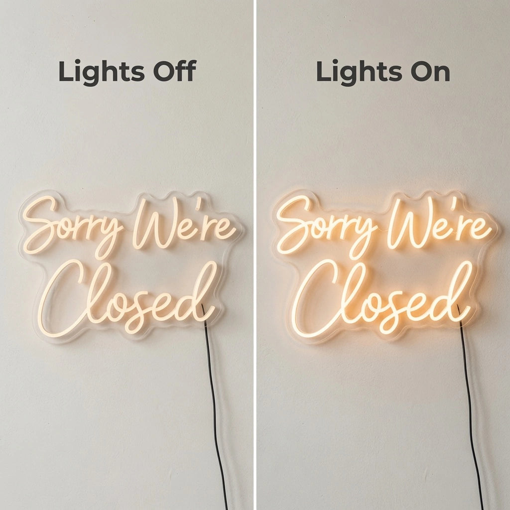 Sorry We're Closed LED Neon Sign Wall Neon Sign - 06 Day Night Comparison