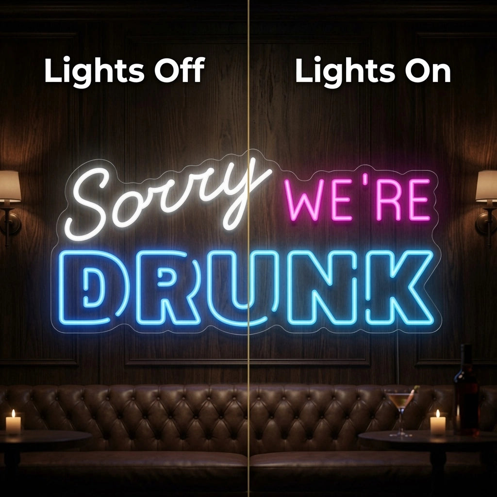 Sorry We're Drunk LED Neon Sign - 06 Day Night Comparison