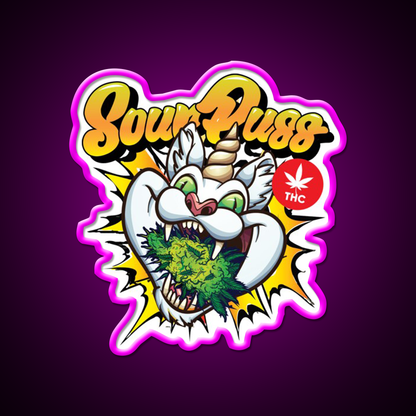 Sour Puss Packs Hemp Inspired Green Leaf Led Neon Sign Rgb Color - Neon sign mounted on wall in room