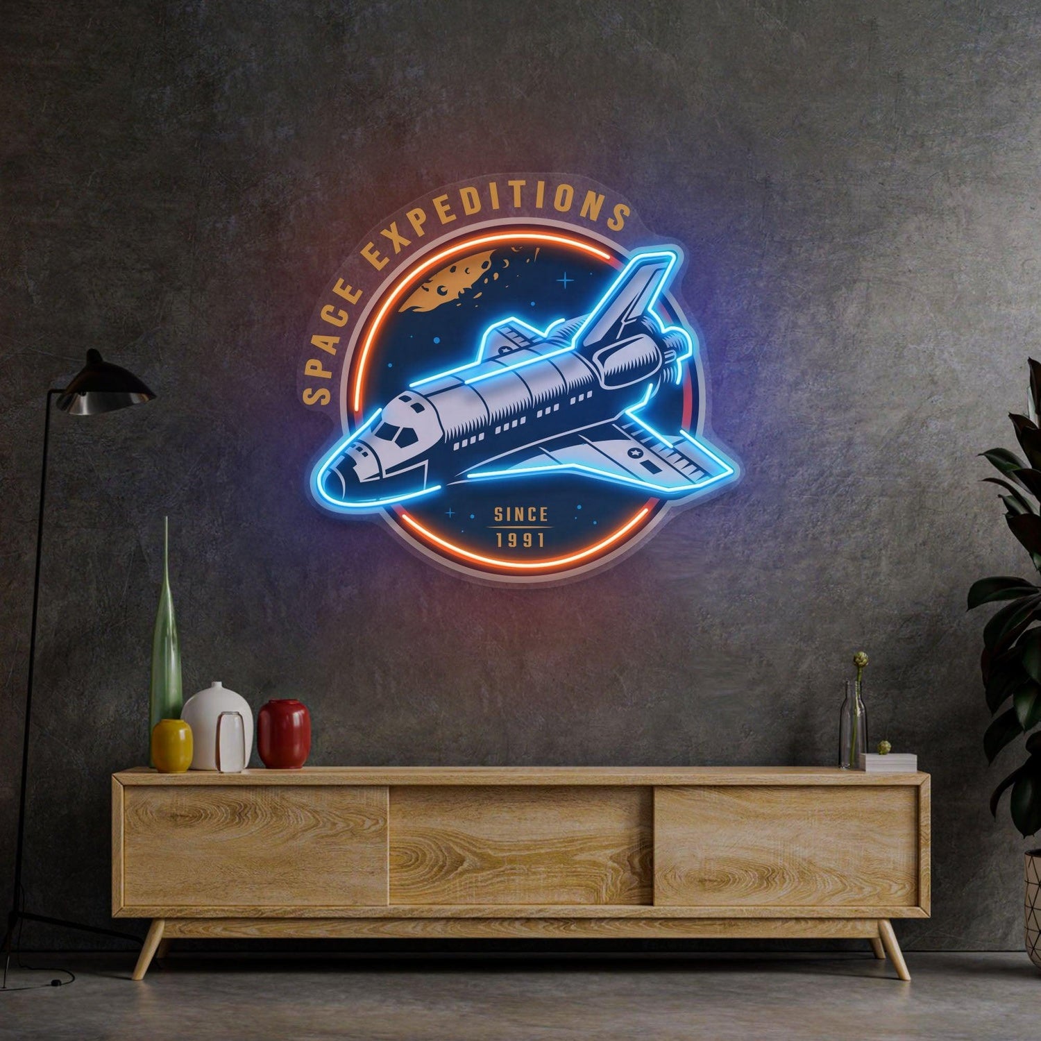 Space Expeditions Blue-Orange Uv Printed Led Neon Sign For Theme Decor | Shineneon