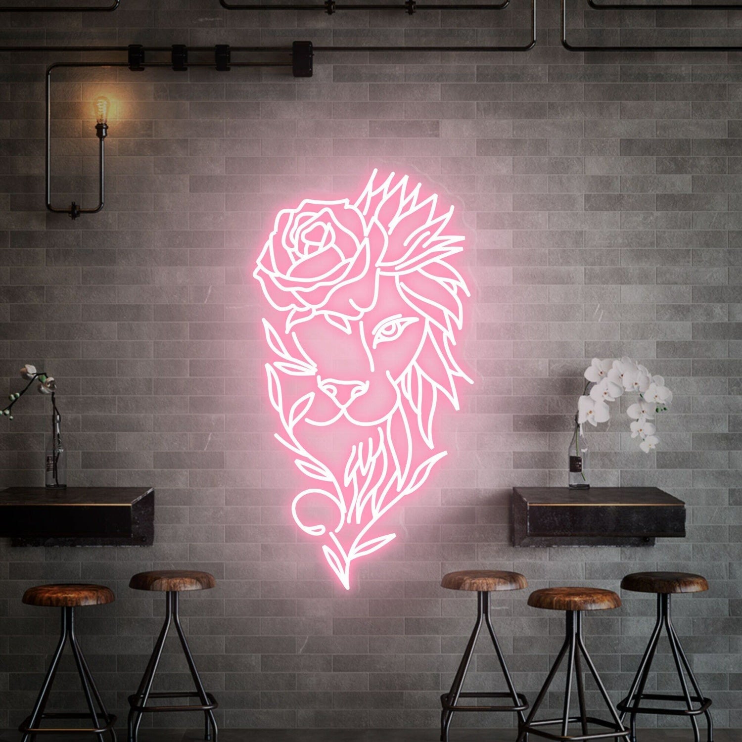 Space Lion With Rose Flower Neon Sign Handmade Art | Shineneon
