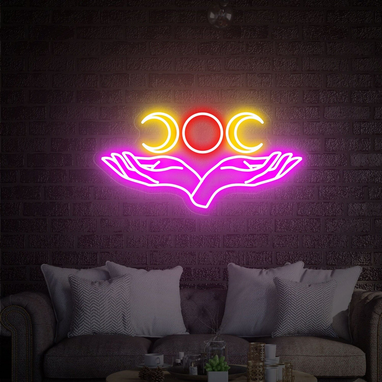Space With Triple Moon And Hand Neon Sign Led Neon Signs | Shineneon