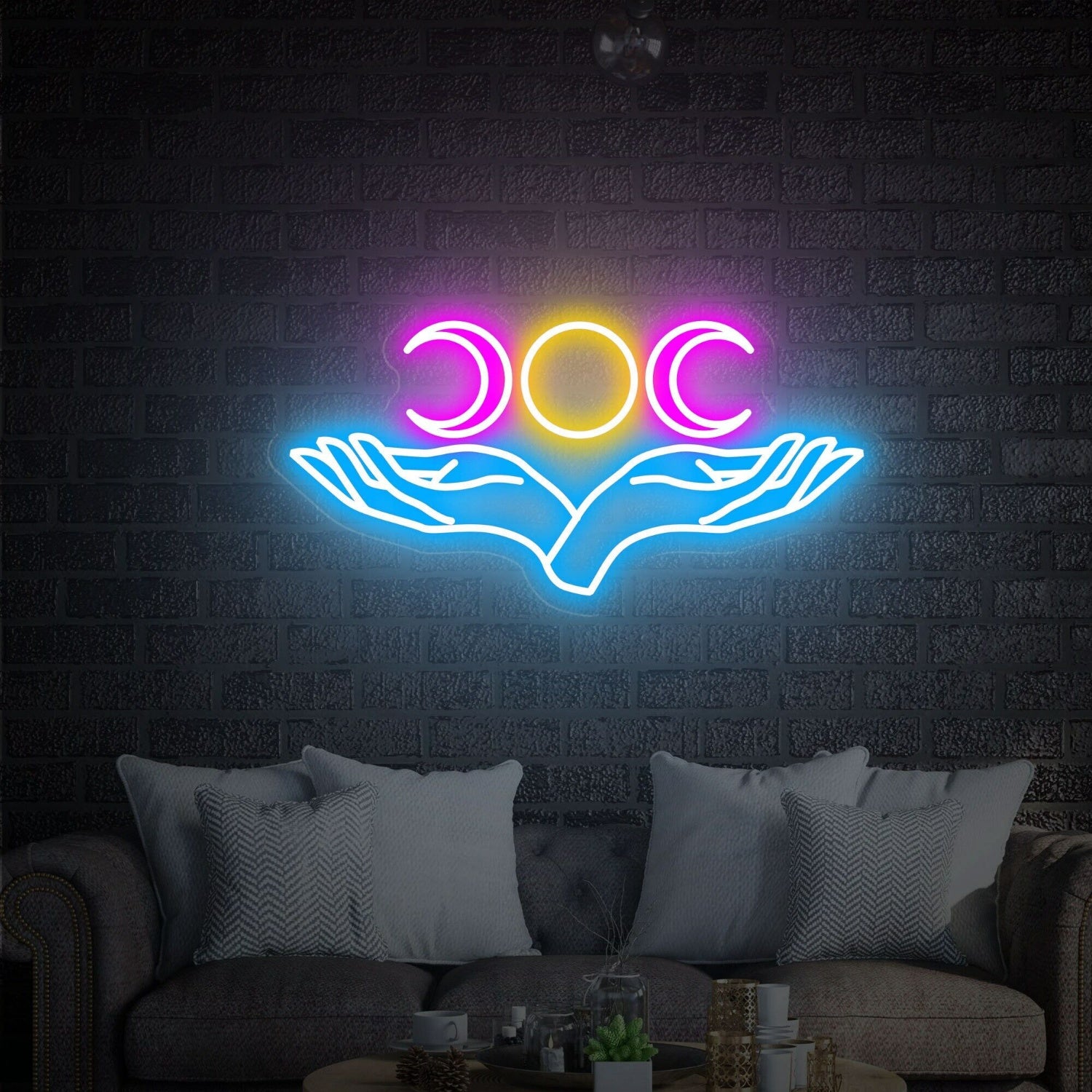 Space With Triple Moon And Hand Neon Sign Led Neon Signs | Shineneon