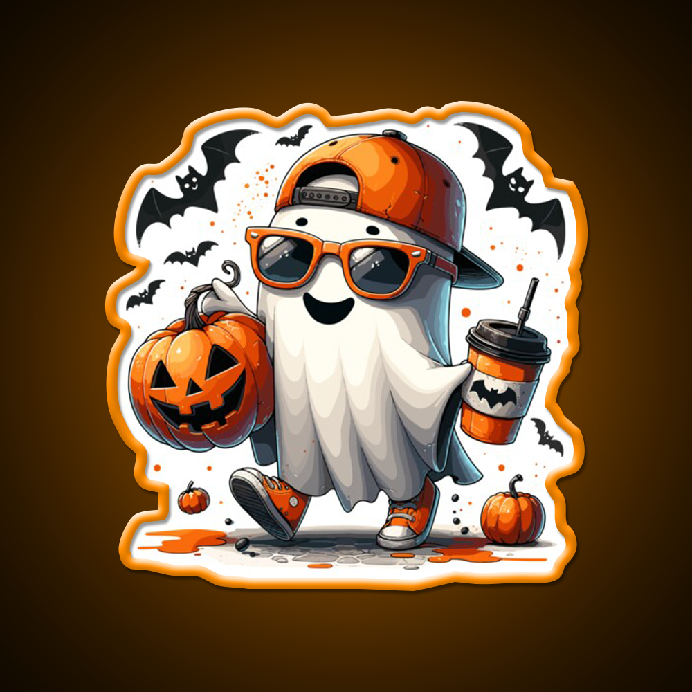 Spooky Ghost Sunglasses Coffee Vibe Cafe Led Neon Sign Espresso Bar Art Rgb Color