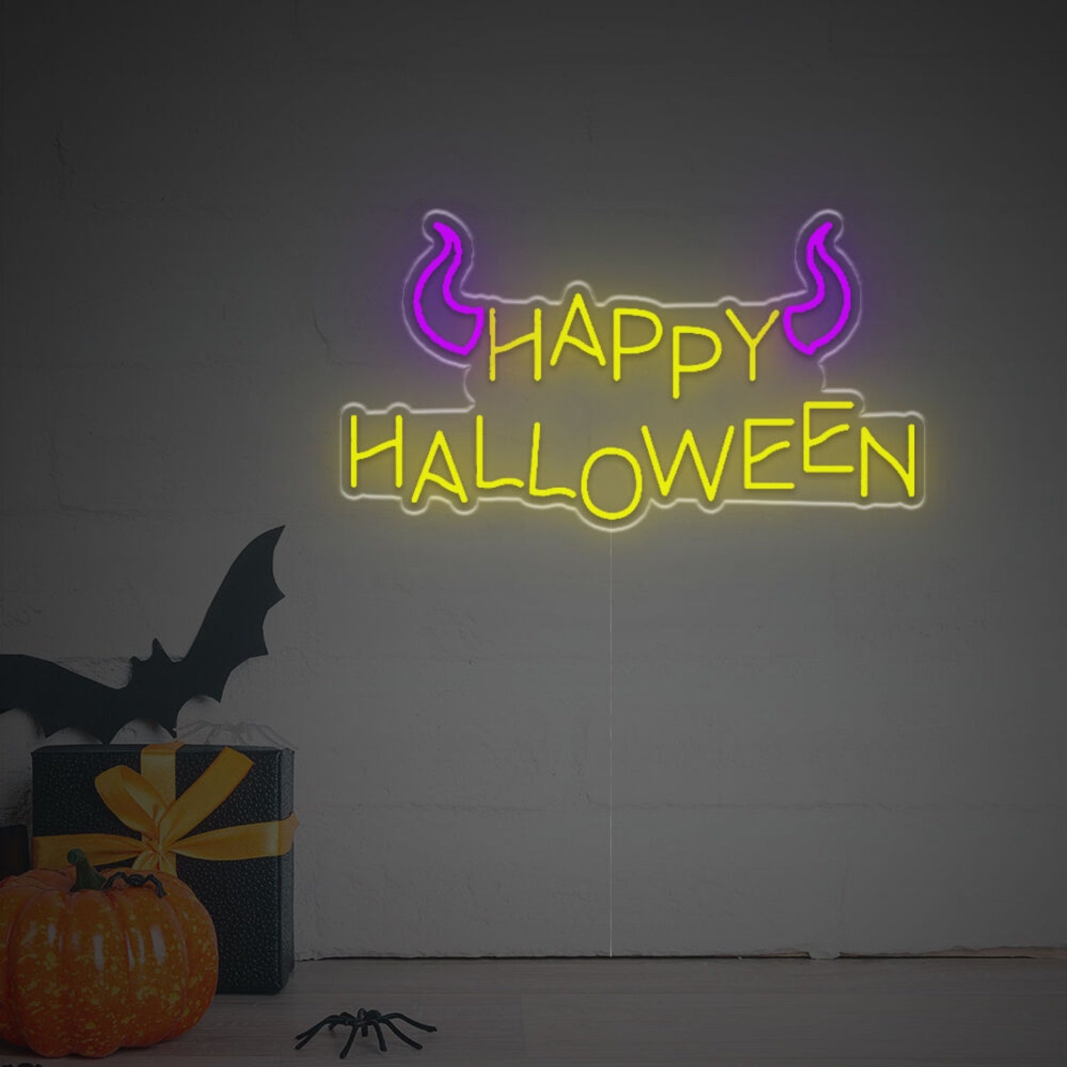 Spooky Season Happy Halloween With Bull Corn Led Neon Sign | Shineneon