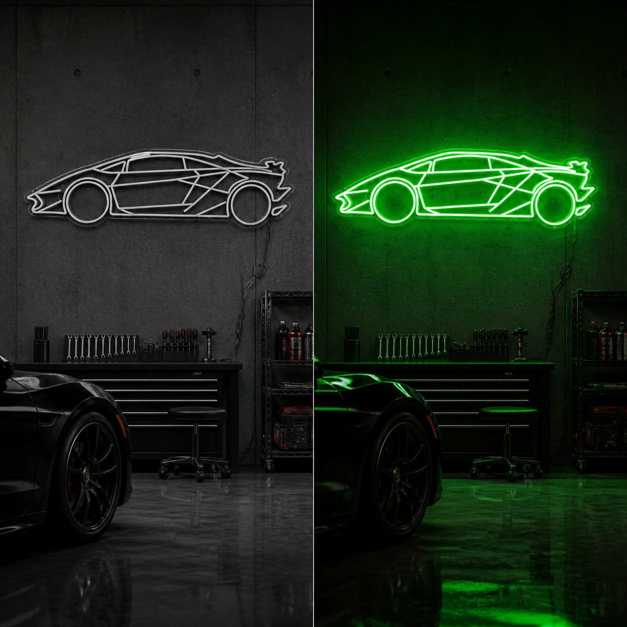 Sports Car Outline Vintage LED Neon Sign day and night comparison
