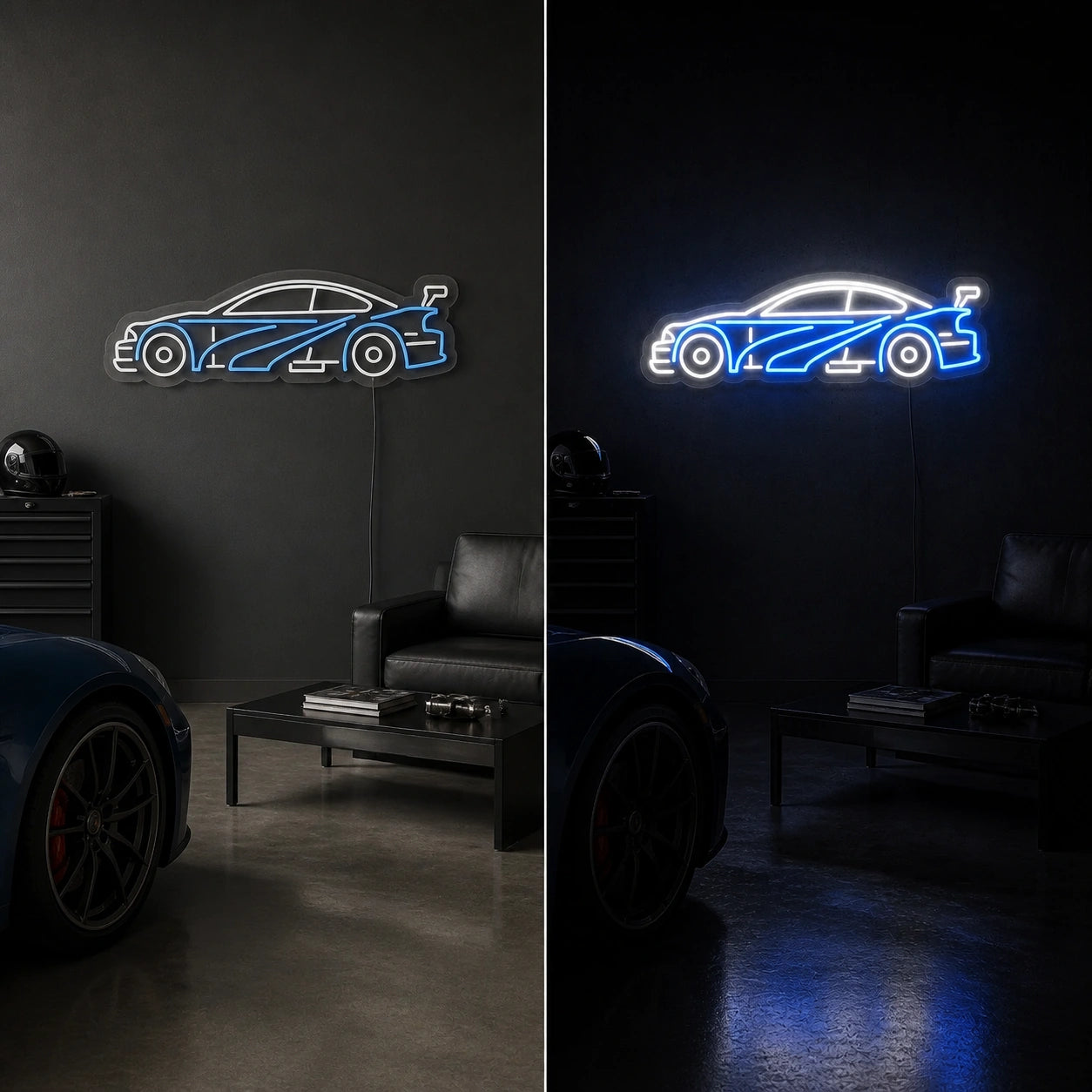 Sports Car Silhouette Vintage LED Neon Sign day and night comparison