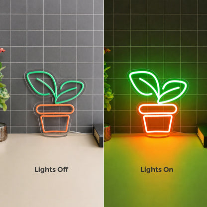 Sprout Pot Neon Sign LED Neon Sign day and night comparison