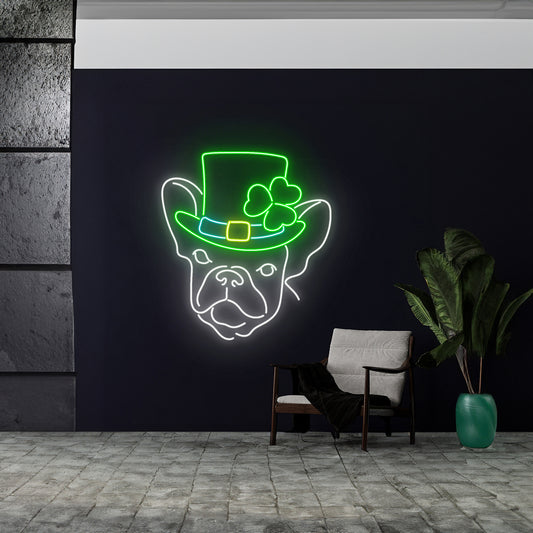 St Patricks Hat Neon Sign French Bulldog Shamrock Neon Light