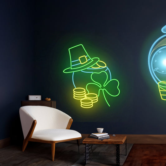 St Patricks Hat Neon Sign Gold Cauldron Neon Light Wall Decor