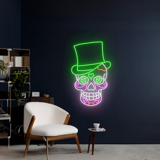 St Patricks Hat Sugar Skull Neon Sign Wall Art Decor