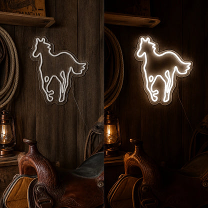 Standing Horse Outline Vintage LED Neon Sign day and night comparison
