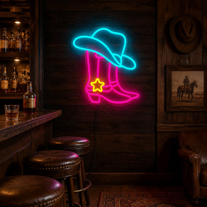 Star Spur Cowboy Boots Hat Vintage LED Neon Sign real lifestyle scene