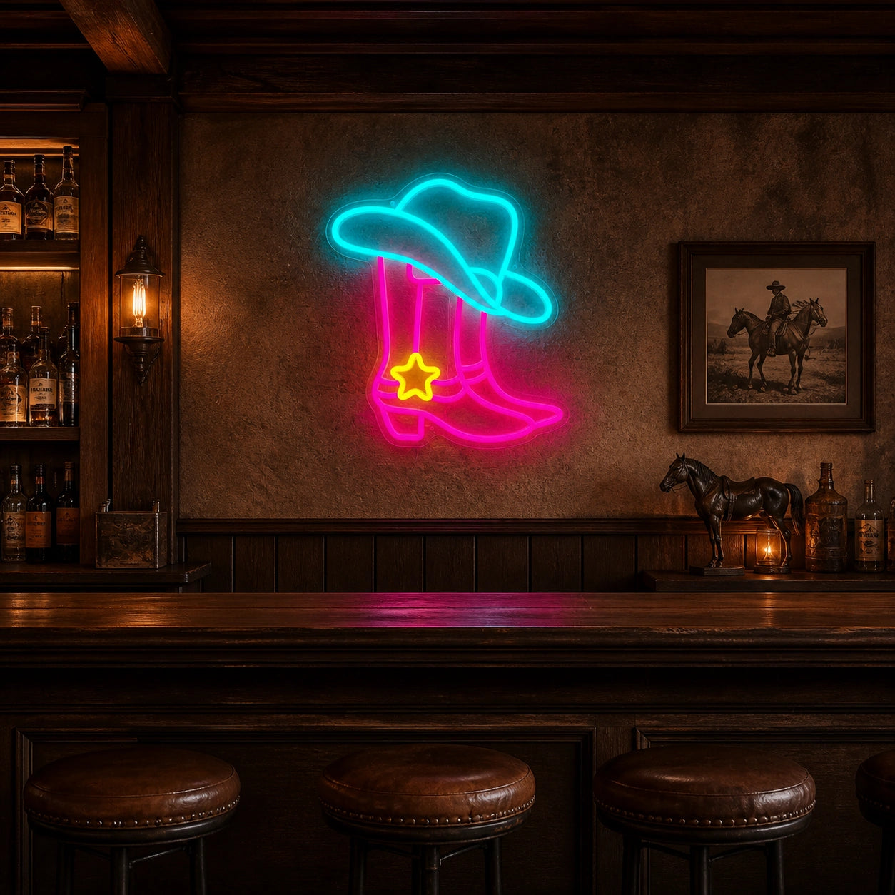 Star Spur Cowboy Boots Hat Vintage LED Neon Sign size image