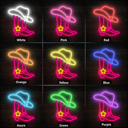 Star Spur Cowboy Boots Hat Vintage LED Neon Sign color grid