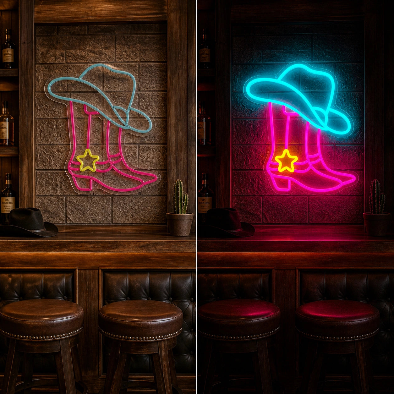 Star Spur Cowboy Boots Hat Vintage LED Neon Sign day and night comparison