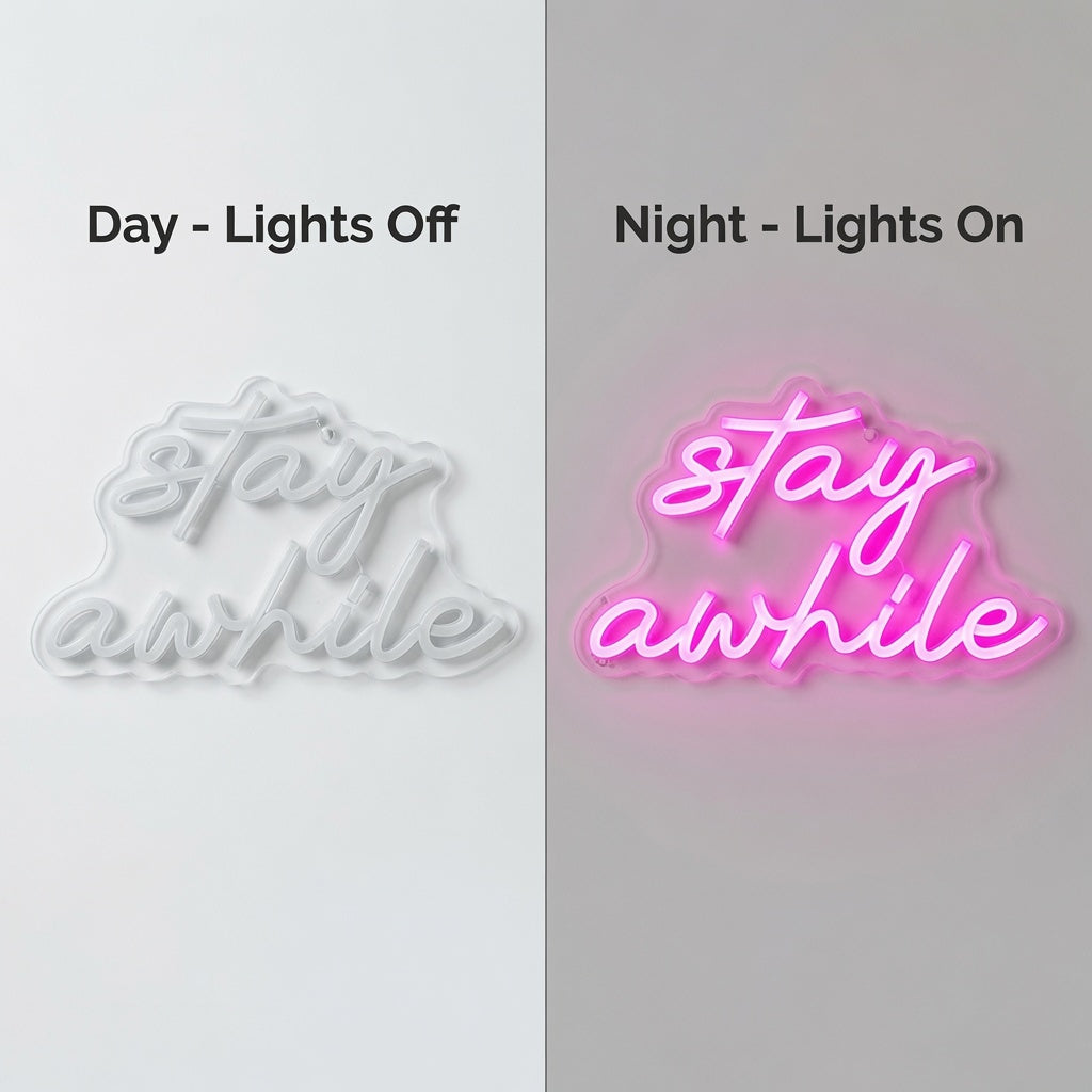 Stay Awhile LED Neon Sign Living Room Decor - 06 Day Night Comparison