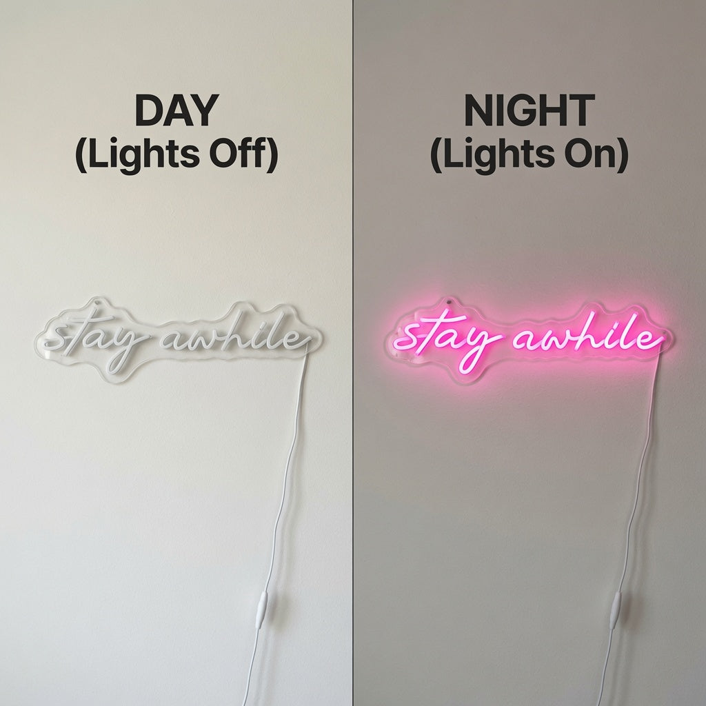 Stay Awhile LED Neon Sign Wall Art - 06 Day Night Comparison