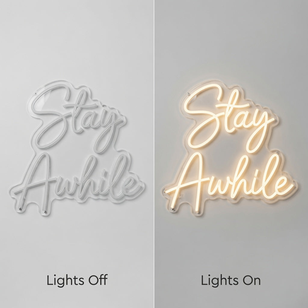 Stay Awhile Mounted LED Neon Sign - 06 Day Night Comparison