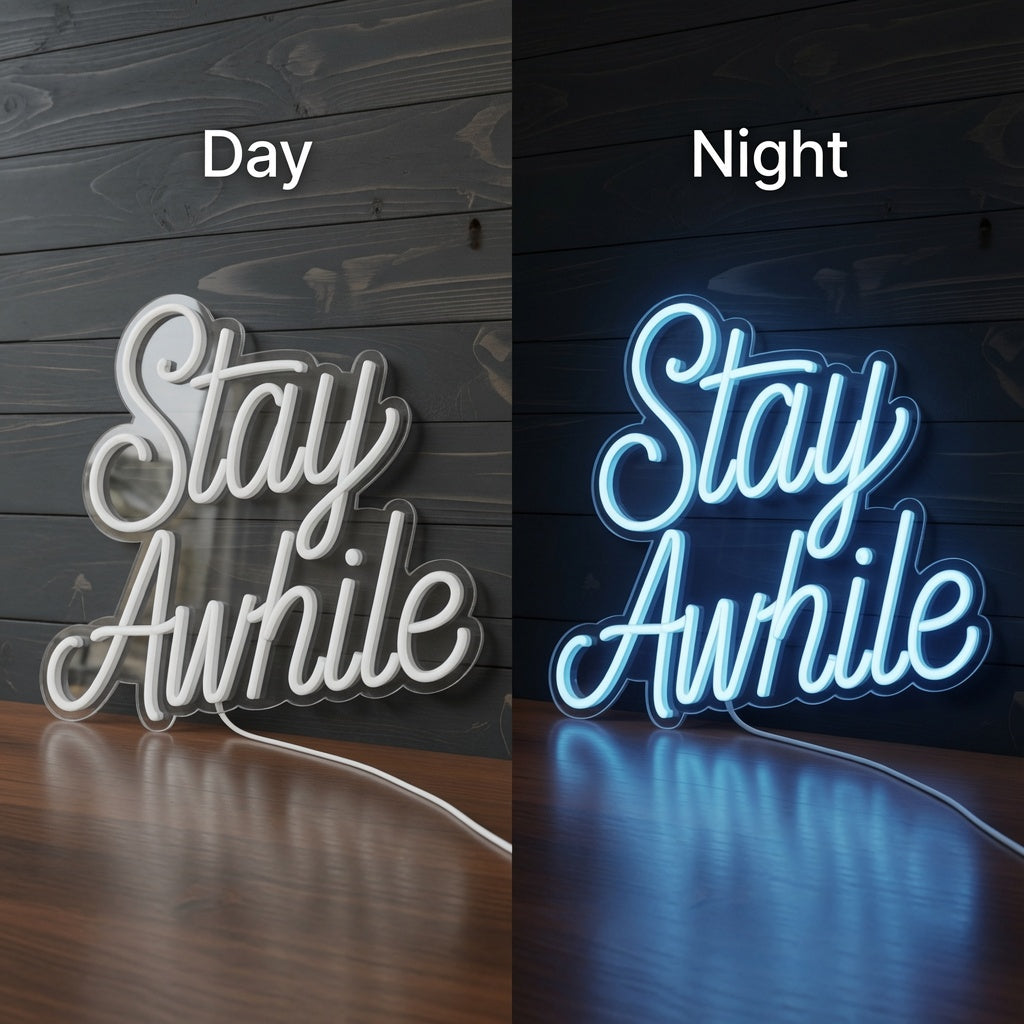 Stay Awhile Script LED Neon Sign - 06 Day Night Comparison