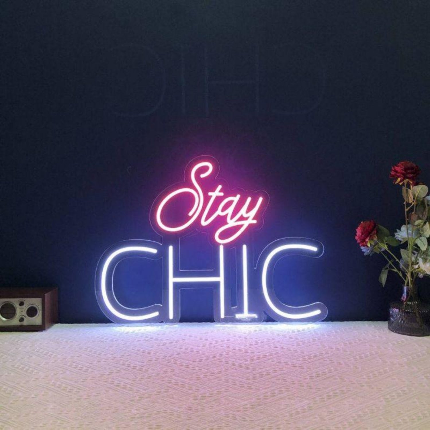 Stay Chic Pink White Led Neon Sign For Bedroom Wall Decor | Shineneon