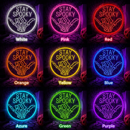 Stay Spooky Skull LED Neon Sign day and night comparison