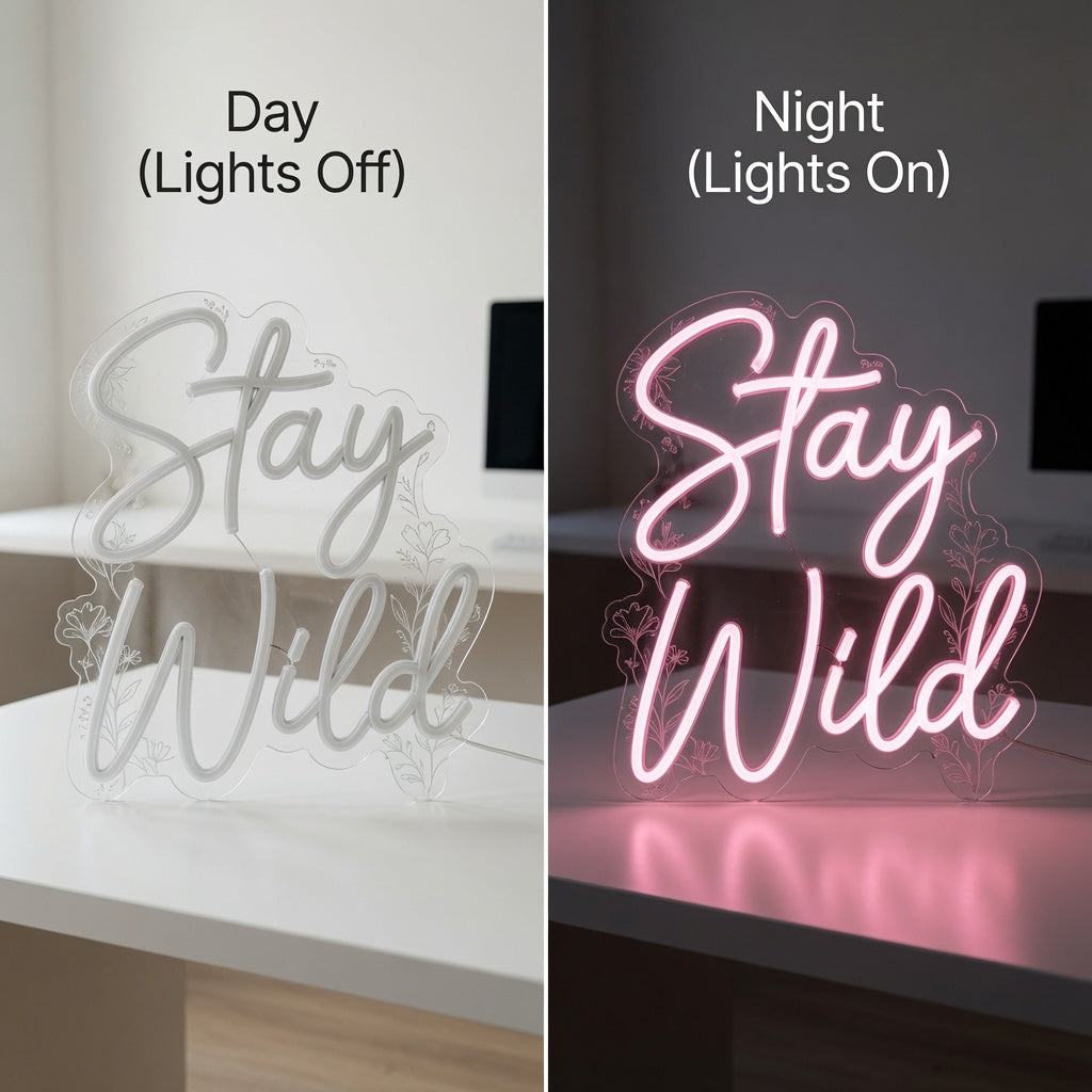 Stay Wild Cursive Room Decor LED Neon Sign - 06 Day Night Comparison