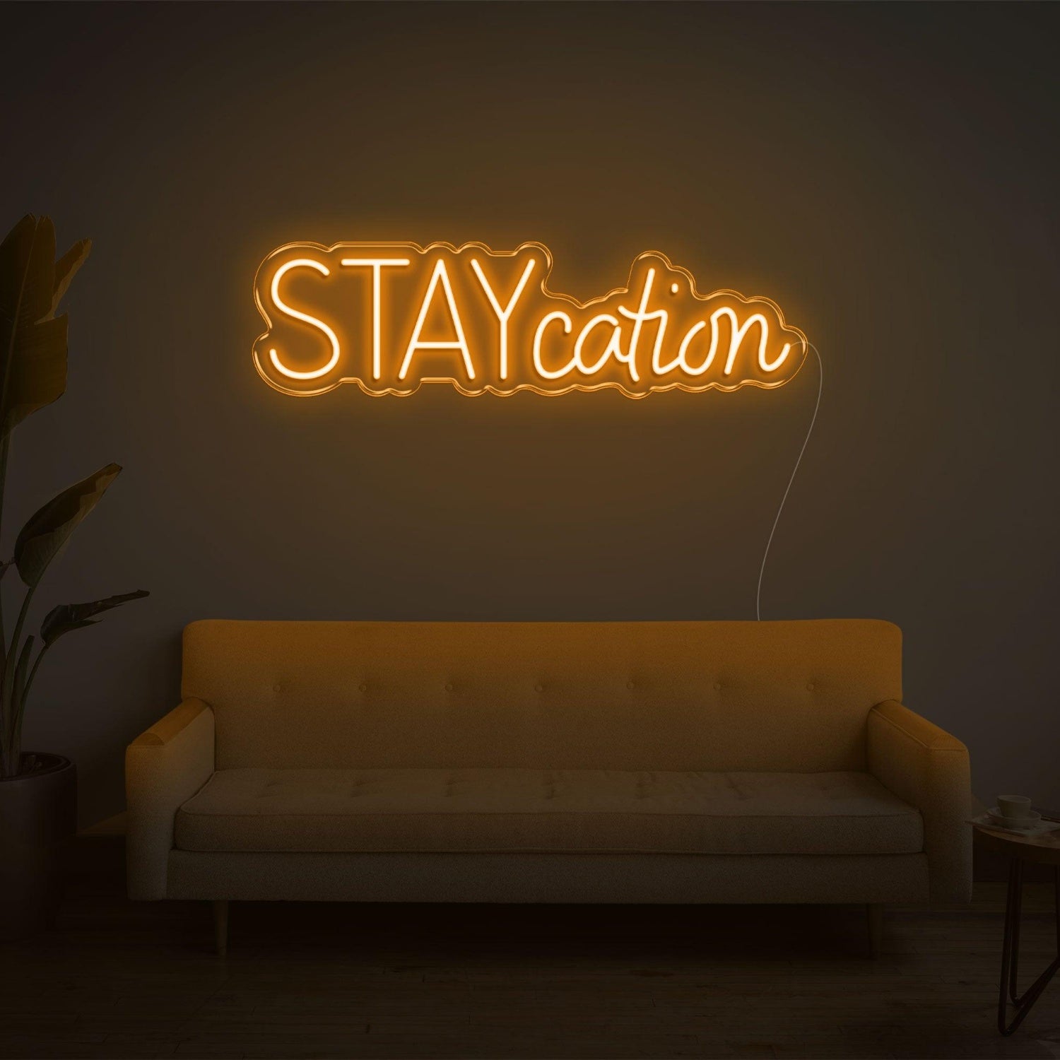 Staycation Warm Yellow Led Neon Sign With Curvy Font For Cozy Living Room Decor | Shineneon