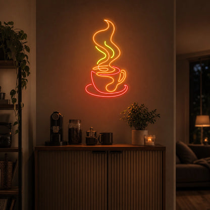 Steaming Coffee Cup And Saucer LED Neon Sign Garage Man Cave Neon Sign real lifestyle scene
