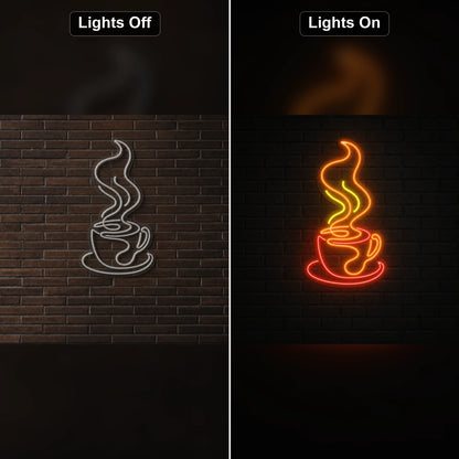 Steaming Coffee Cup And Saucer LED Neon Sign Garage Man Cave Neon Sign day and night comparison